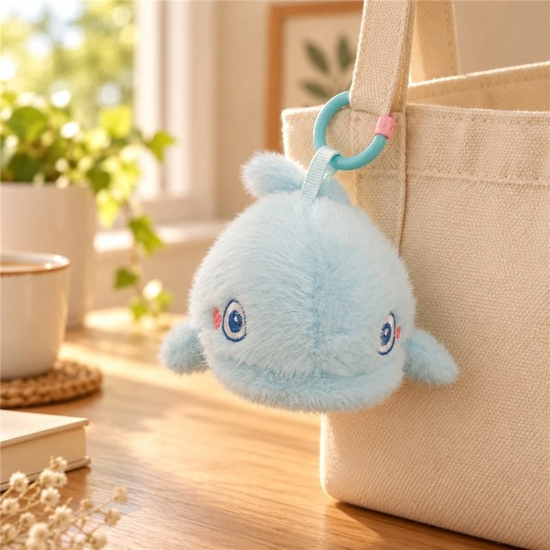 Illustrative application scene featuring pale blue dolphin plush keychain; setting is a concept.