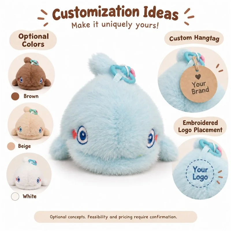 Customization concept for pale blue dolphin plush keychain; feasibility and sample approval required.