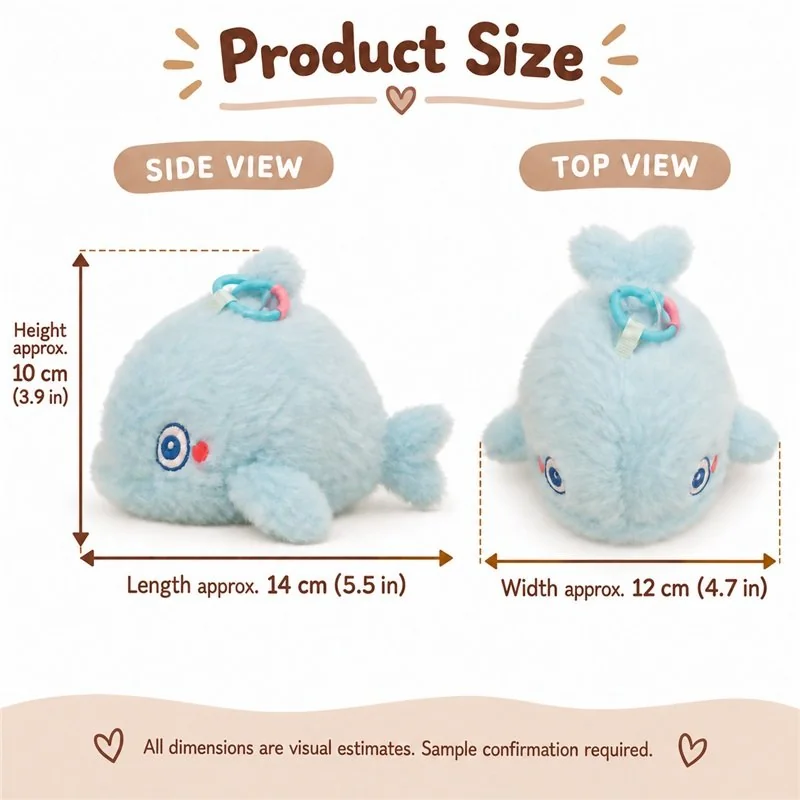 Pale Blue Dolphin Plush Keychain — proposed size reference; dimensions require sample confirmation.