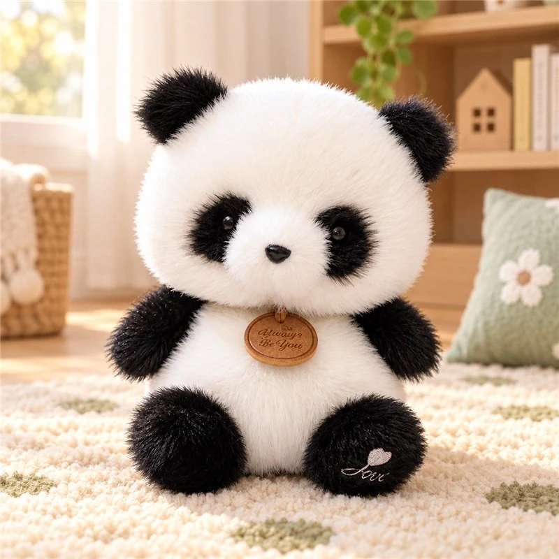 Illustrative application scene featuring compact fluffy panda plush; setting is a concept.
