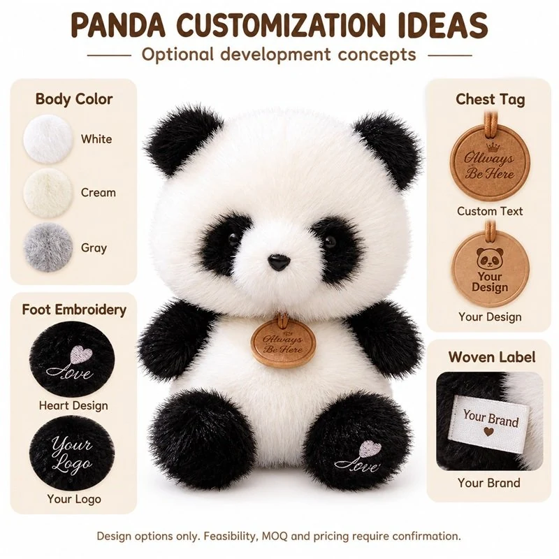 Customization concept for compact fluffy panda plush; feasibility and sample approval required.