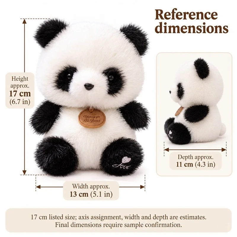 Compact Fluffy Panda Plush — proposed size reference; dimensions require sample confirmation.