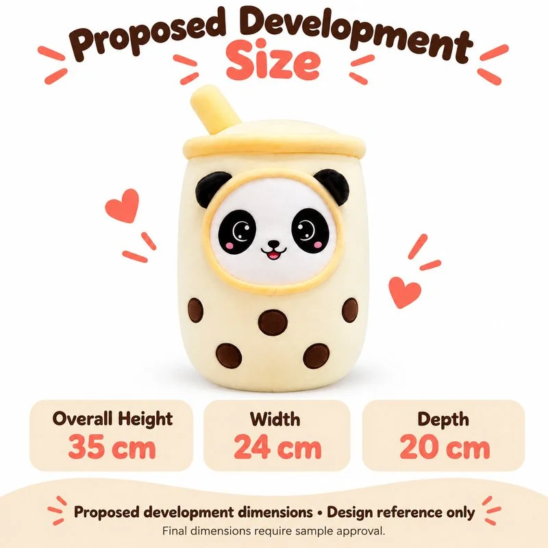 Panda Face Boba Tea Cup Plush — proposed size reference; dimensions require sample confirmation.
