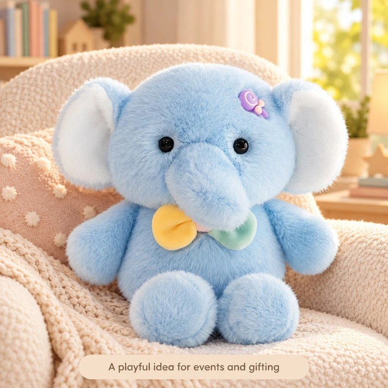 Illustrative application scene featuring pastel bow blue elephant plush; setting is a concept.
