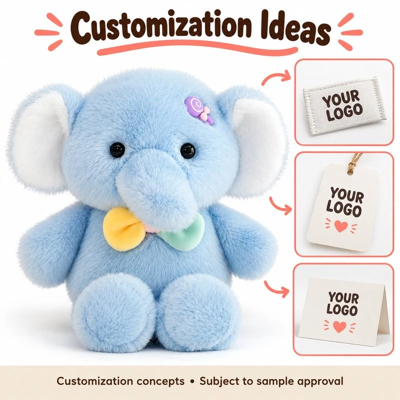 Customization concept for pastel bow blue elephant plush; feasibility and sample approval required.