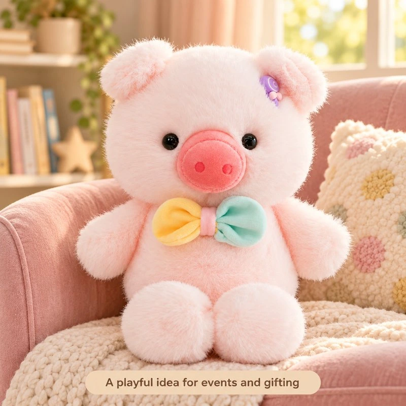 Illustrative application scene featuring pastel bow pink pig plush; setting is a concept.