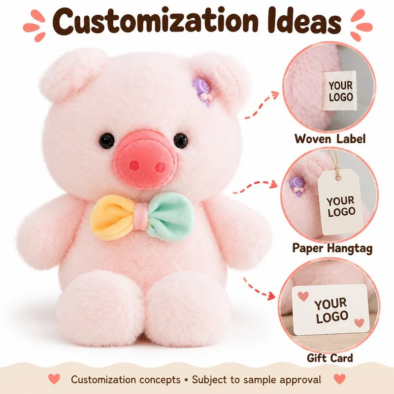 Customization concept for pastel bow pink pig plush; feasibility and sample approval required.