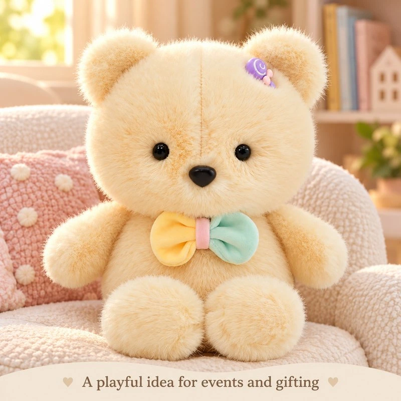 Illustrative application scene featuring flower ear pastel bow teddy bear plush; setting is a concept.