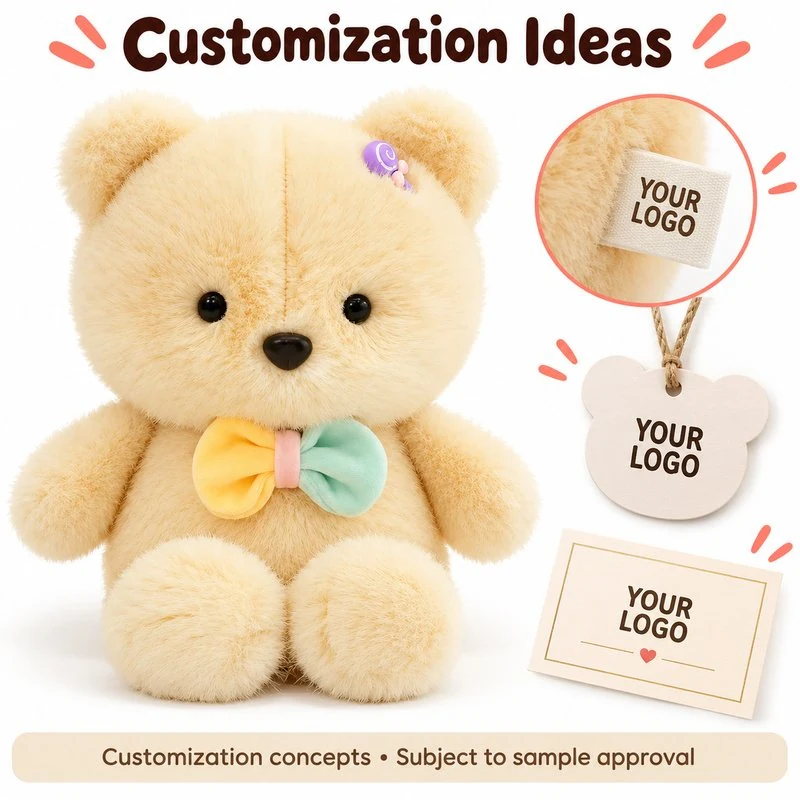 Customization concept for flower ear pastel bow teddy bear plush; feasibility and sample approval required.