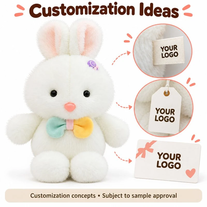 Customization concept for pastel bow white bunny plush; feasibility and sample approval required.