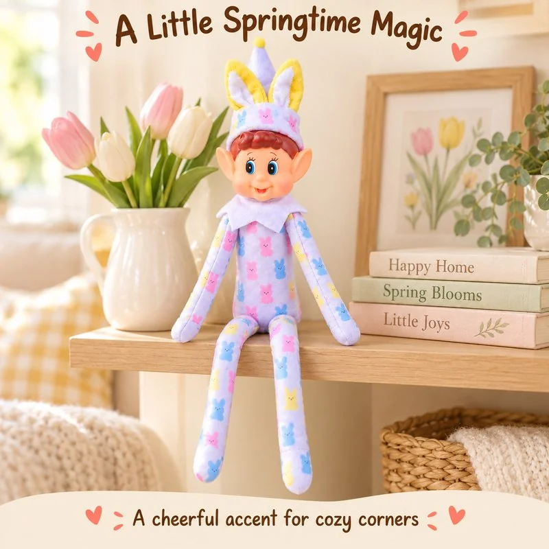 Illustrative application scene featuring pastel bunny ear spring elf doll; setting is a concept.
