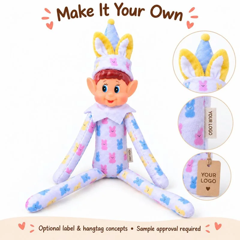 Customization concept for pastel bunny ear spring elf doll; feasibility and sample approval required.