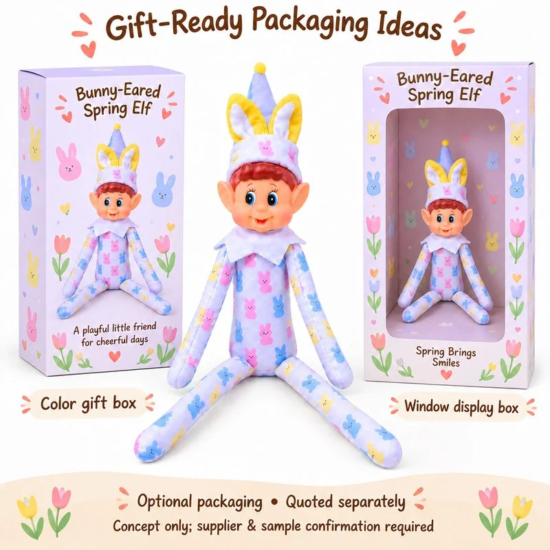Pastel Bunny Ear Spring Elf Doll — optional packaging concept; final artwork, fit and quotation require confirmation.
