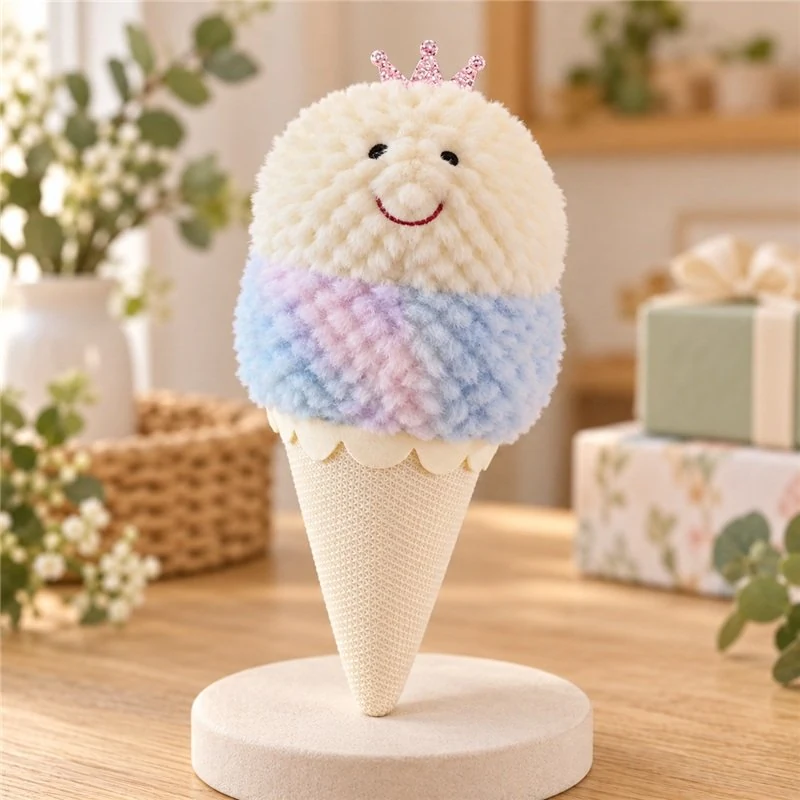 Illustrative application scene featuring pastel crowned ice cream cone plush; setting is a concept.