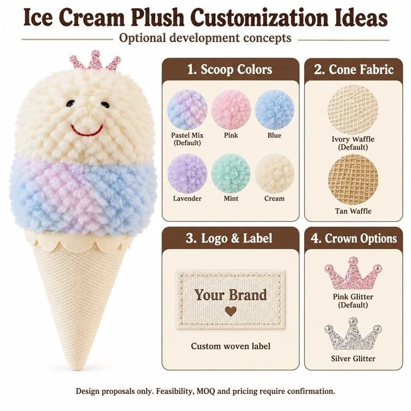 Customization concept for pastel crowned ice cream cone plush; feasibility and sample approval required.