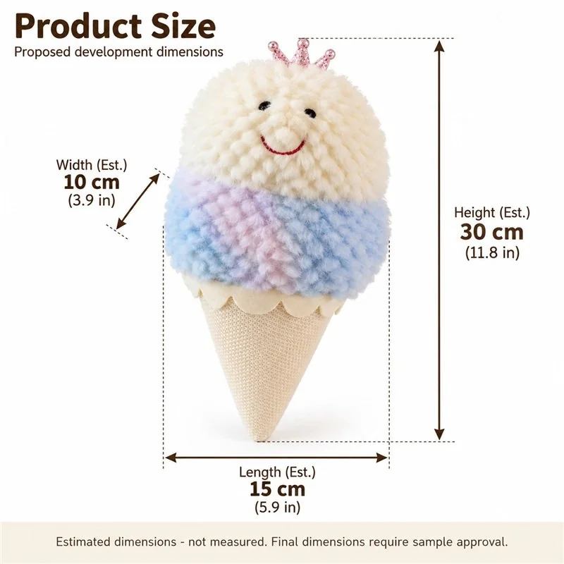 Pastel Crowned Ice Cream Cone Plush — proposed size reference; dimensions require sample confirmation.
