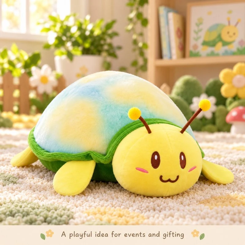 Illustrative application scene featuring pastel shell insect plush; setting is a concept.