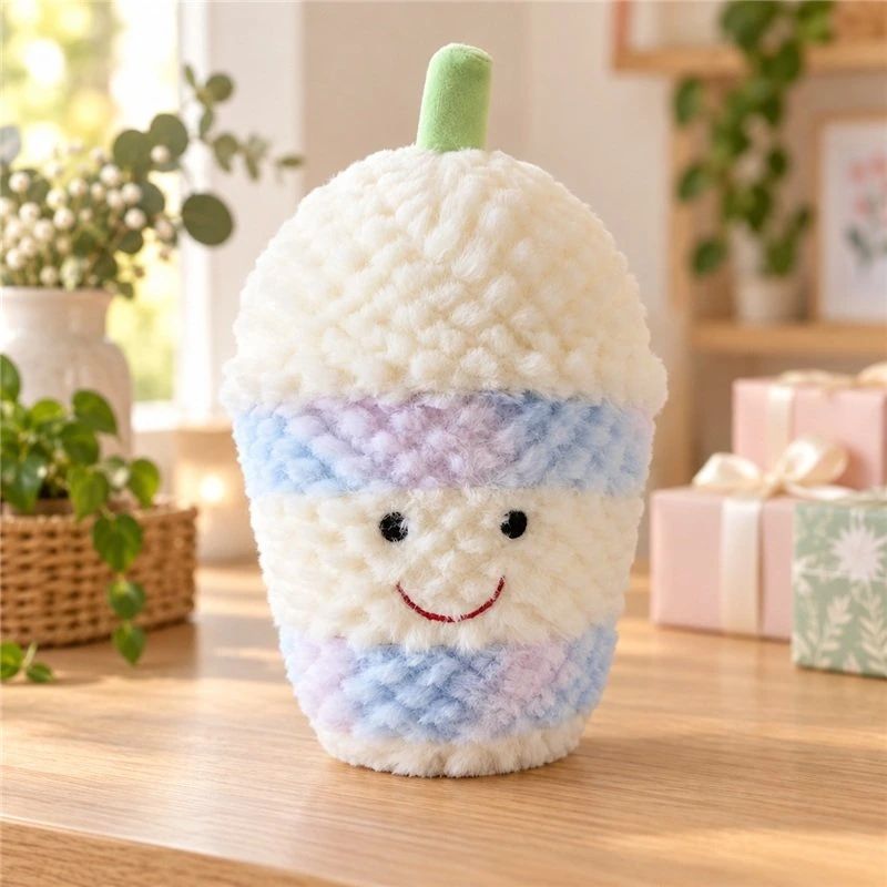 Illustrative application scene featuring pastel striped milk tea cup plush; setting is a concept.