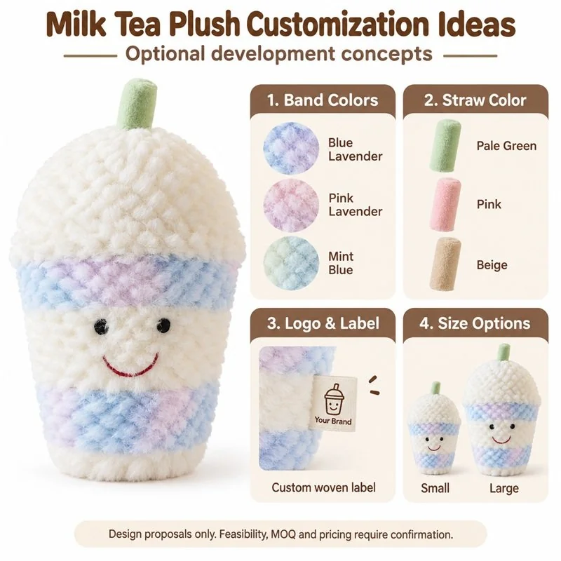 Customization concept for pastel striped milk tea cup plush; feasibility and sample approval required.