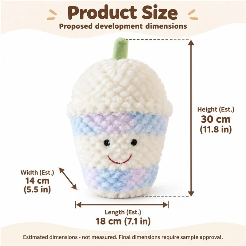 Pastel Striped Milk Tea Cup Plush — proposed size reference; dimensions require sample confirmation.