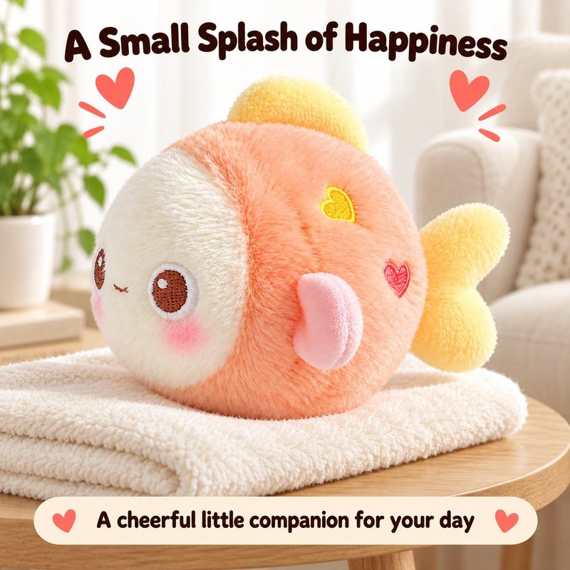 Illustrative application scene featuring peach heart fish plush; setting is a concept.