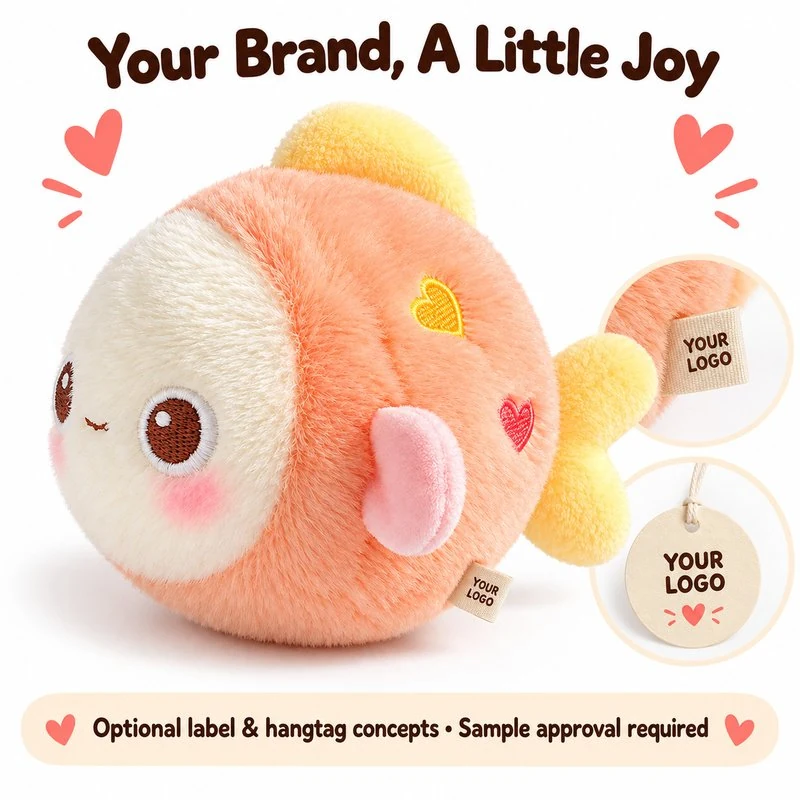 Customization concept for peach heart fish plush; feasibility and sample approval required.