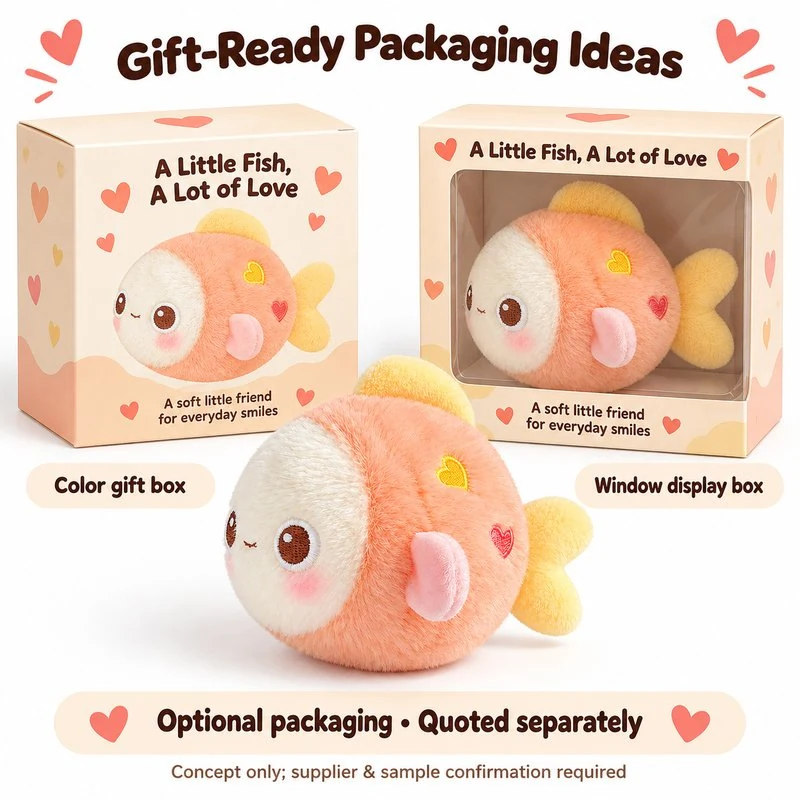 Peach Heart Fish Plush — optional packaging concept; final artwork, fit and quotation require confirmation.