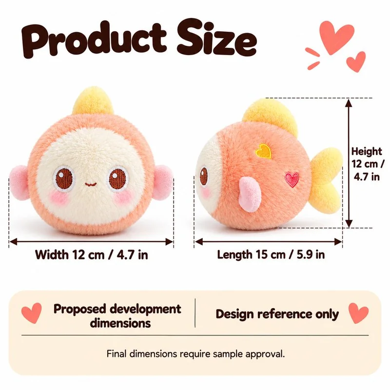 Peach Heart Fish Plush — proposed size reference; dimensions require sample confirmation.