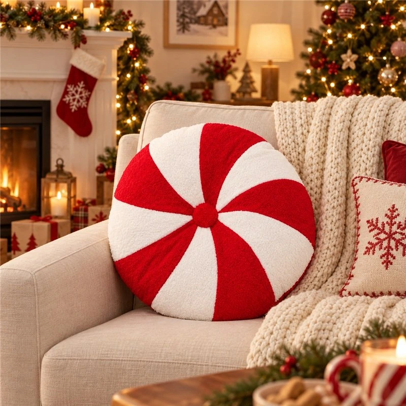 Illustrative application scene featuring peppermint swirl plush cushion; setting is a concept.