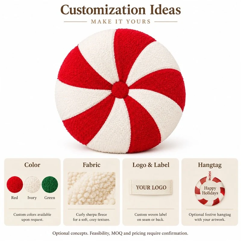Customization concept for peppermint swirl plush cushion; feasibility and sample approval required.