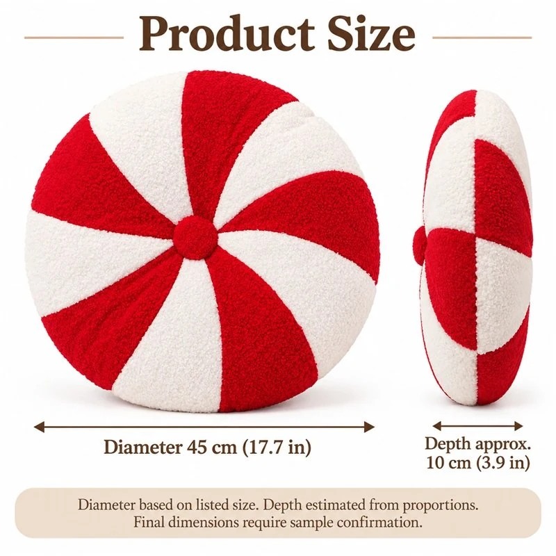 Peppermint Swirl Plush Cushion — proposed size reference; dimensions require sample confirmation.