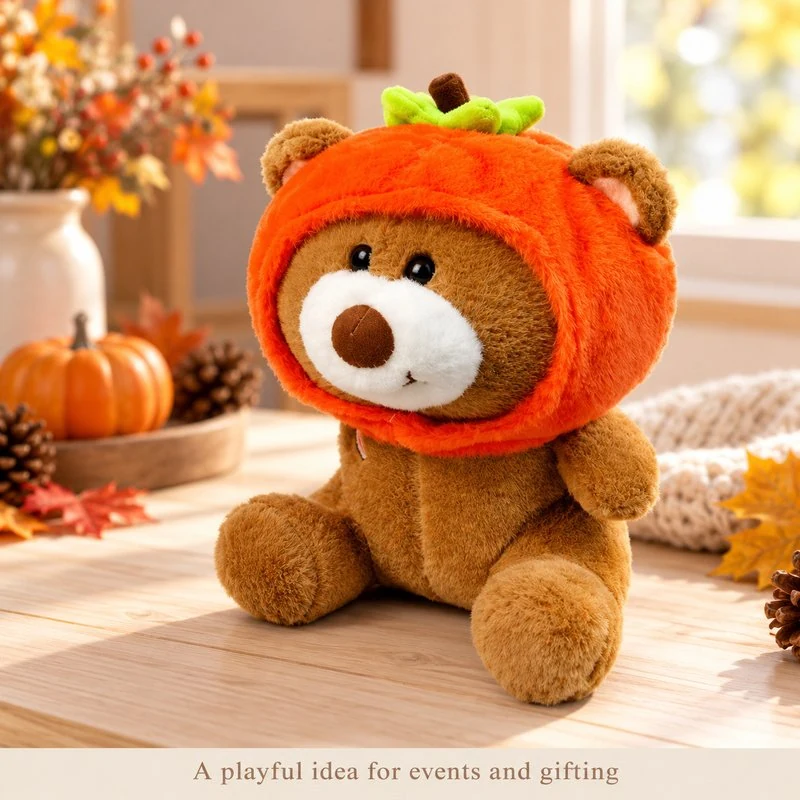 Illustrative application scene featuring persimmon hood teddy bear plush; setting is a concept.