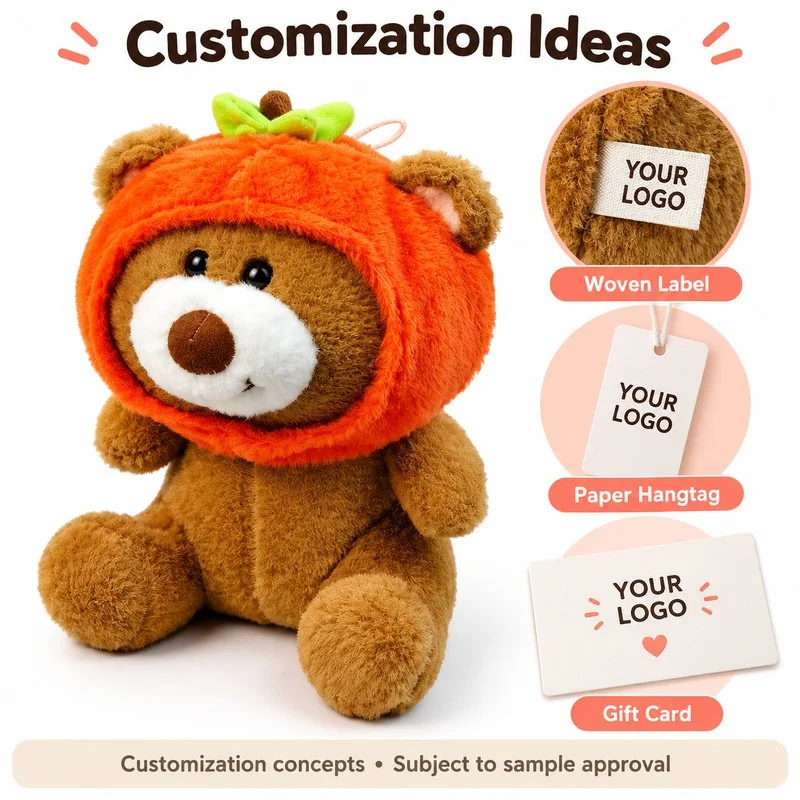 Customization concept for persimmon hood teddy bear plush; feasibility and sample approval required.