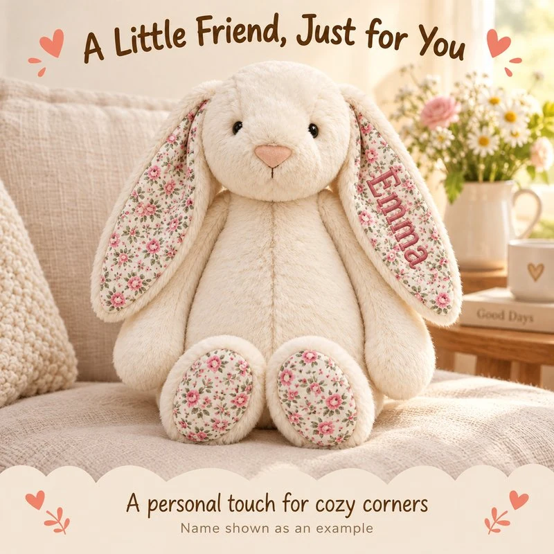 Illustrative application scene featuring personalized floral ear bunny plush; setting is a concept.