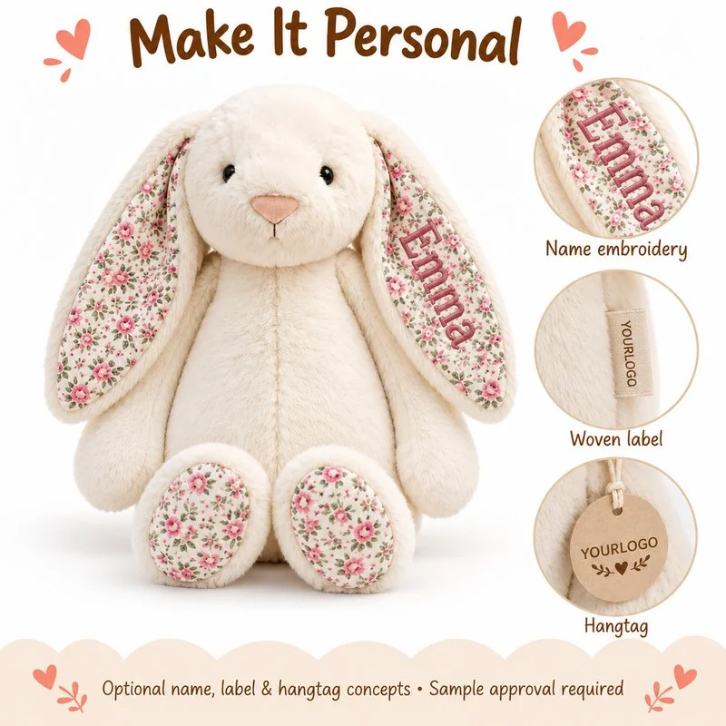 Customization concept for personalized floral ear bunny plush; feasibility and sample approval required.