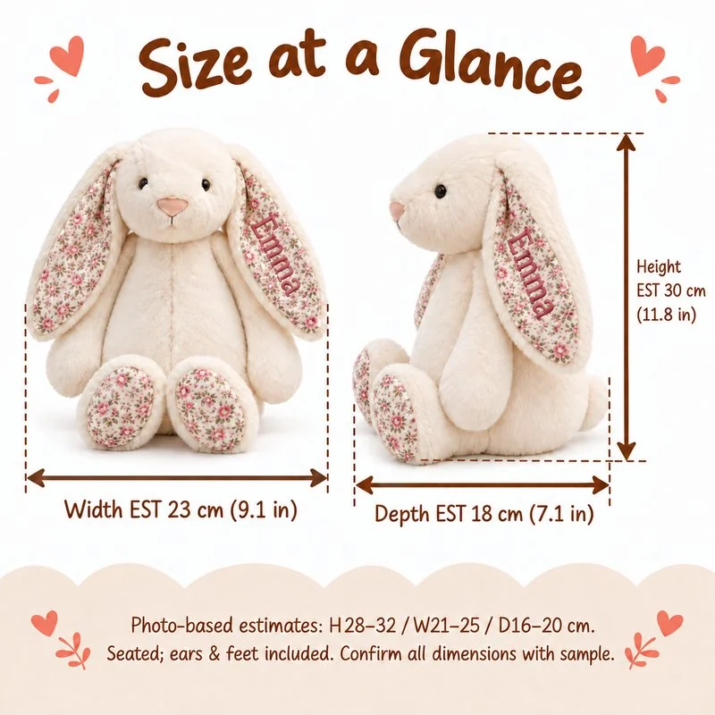 Personalized Floral Ear Bunny Plush — proposed size reference; dimensions require sample confirmation.