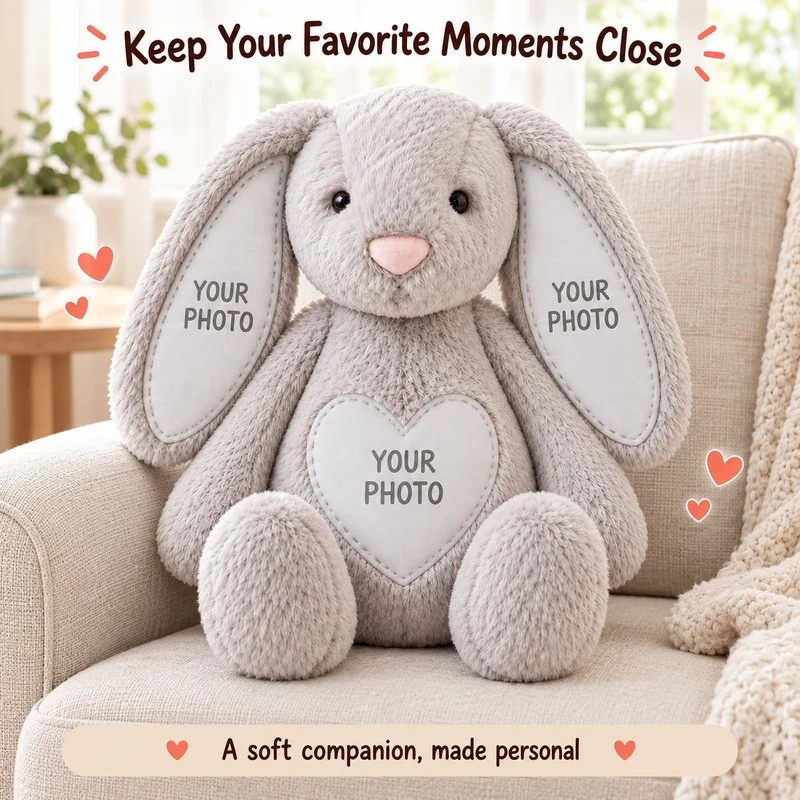 Illustrative application scene featuring personalized photo gray bunny plush; setting is a concept.