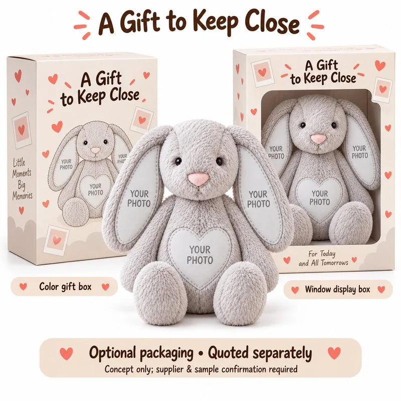Personalized Photo Gray Bunny Plush — optional packaging concept; final artwork, fit and quotation require confirmation.
