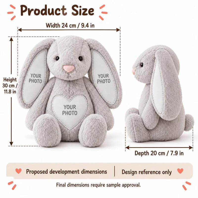 Personalized Photo Gray Bunny Plush — proposed size reference; dimensions require sample confirmation.