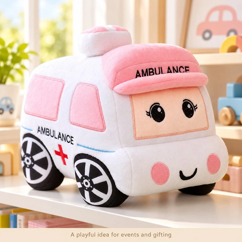 Illustrative application scene featuring pink ambulance plush pillow; setting is a concept.