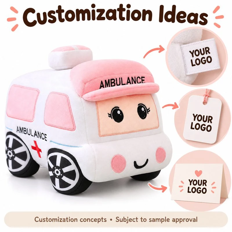 Customization concept for pink ambulance plush pillow; feasibility and sample approval required.