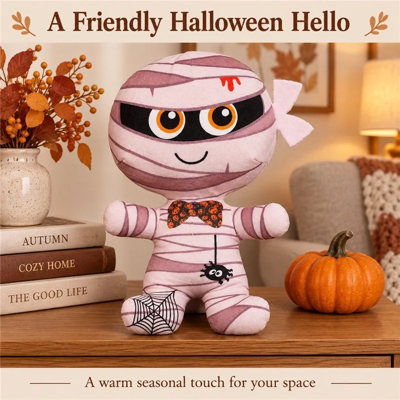 Illustrative application scene featuring pink bandage mummy plush doll; setting is a concept.