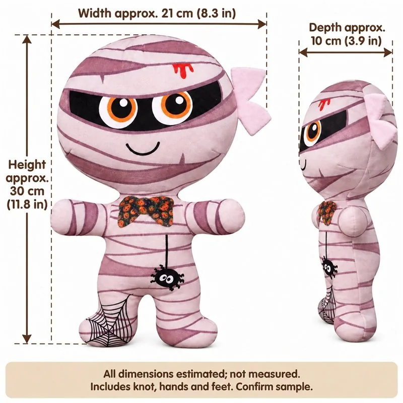 Pink Bandage Mummy Plush Doll — proposed size reference; dimensions require sample confirmation.