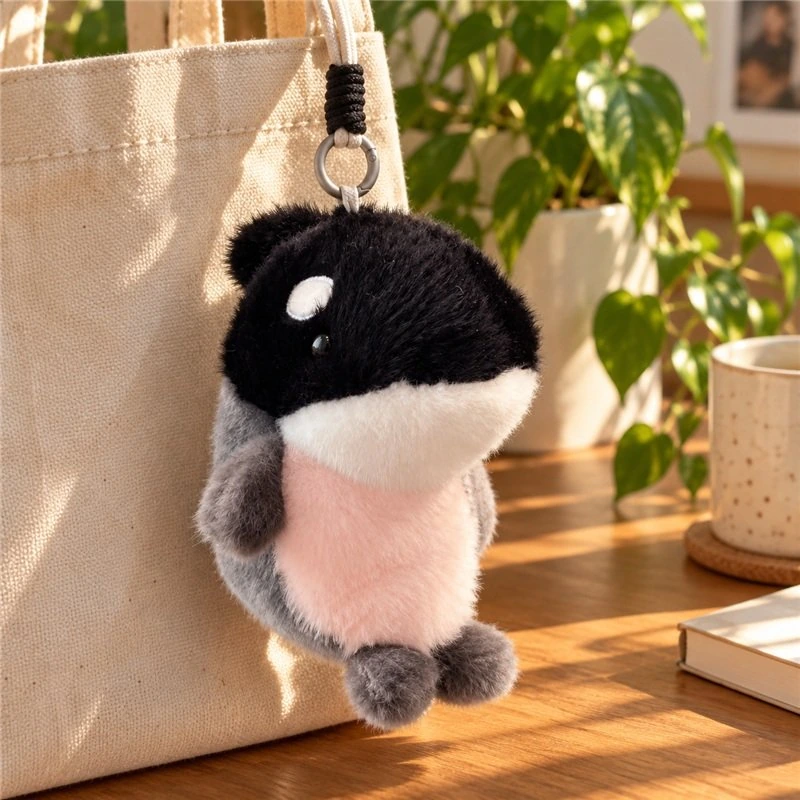 Illustrative application scene featuring pink belly orca plush bag charm; setting is a concept.