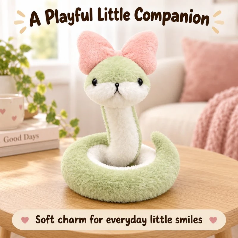 Illustrative application scene featuring pink bow coiled snake plush; setting is a concept.