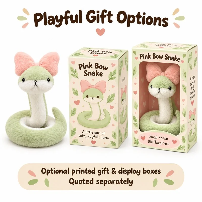 Pink Bow Coiled Snake Plush — optional packaging concept; final artwork, fit and quotation require confirmation.
