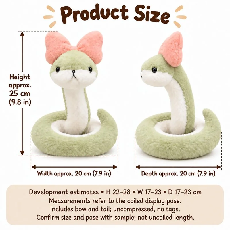 Pink Bow Coiled Snake Plush — proposed size reference; dimensions require sample confirmation.