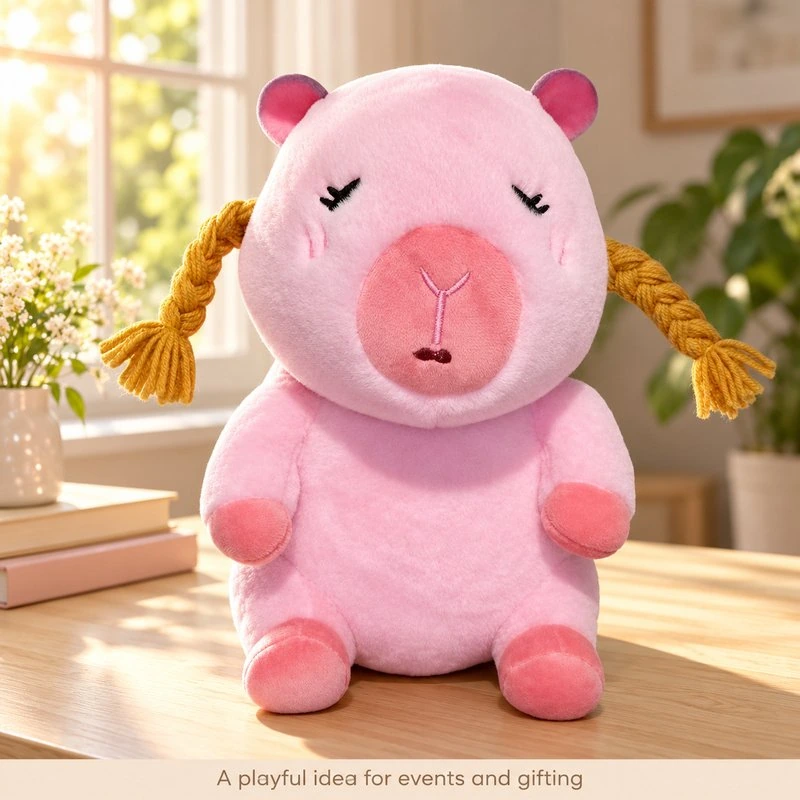 Illustrative application scene featuring pink braided capybara plush; setting is a concept.
