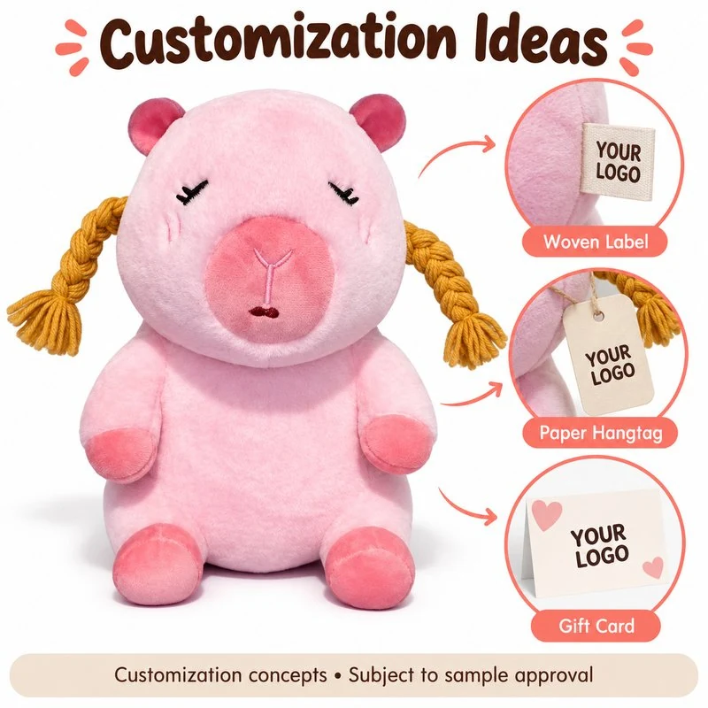 Customization concept for pink braided capybara plush; feasibility and sample approval required.