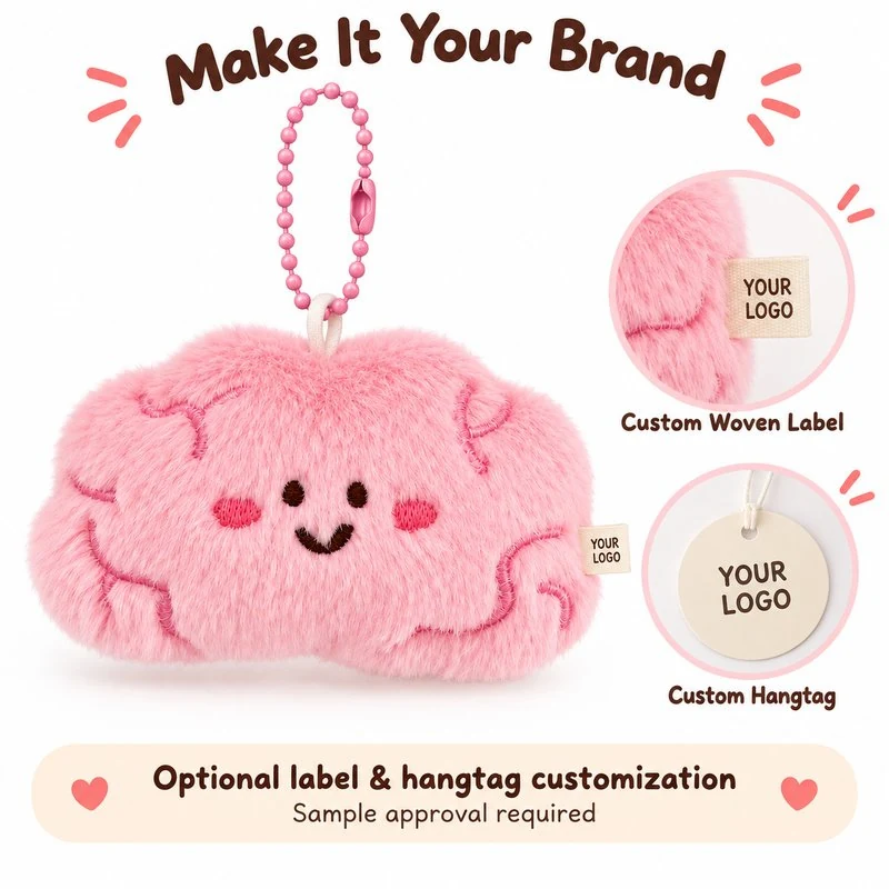 Customization concept for pink brain plush keychain; feasibility and sample approval required.